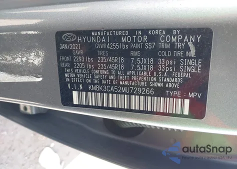 2021 Hyundai Kona Limited z USA, uszkodzony, nr VIN KM8K3CA52MU729266